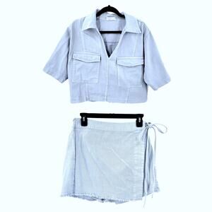 Denim on Denim Set Women's L Y2K Cropped Top Mini Skirt Skort Wrap Festival Blue